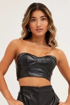 Black Faux Leather Corset Top -FabWear Shop lingerie black faux leather corset top 33007223668929