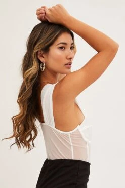 White Cold Shoulder Mesh Corset One Piece Bodysuit -FabWear Shop lingerie white cold shoulder mesh corset one piece bodysuit 33007222816961