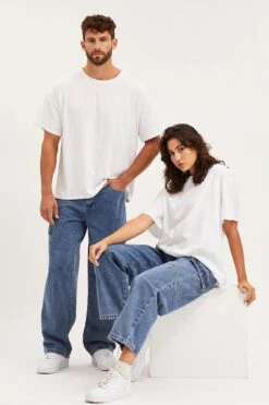 Blue Unisex Cargo Denim Jeans Mid Rise