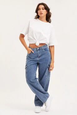 Blue Unisex Cargo Denim Jeans Mid Rise -FabWear Shop mr straight leg jean blue unisex cargo denim jeans mid rise 32967570227393