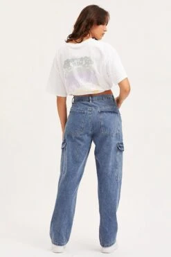 Blue Unisex Cargo Denim Jeans Mid Rise -FabWear Shop mr straight leg jean blue unisex cargo denim jeans mid rise 32967570292929