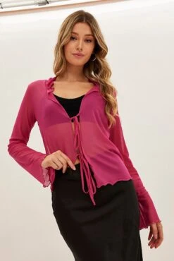 Pink Mesh Cardigan Long Sleeve