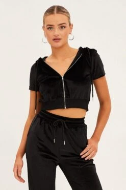 Black Velour Short Sleeve Zip Lounge Hoodie -FabWear Shop oj12900 f3 black 3