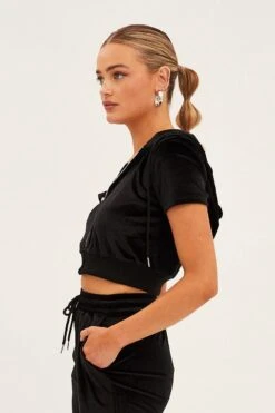 Black Velour Short Sleeve Zip Lounge Hoodie -FabWear Shop oj12900 f3 black 4