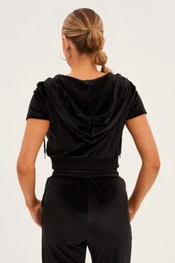 Black Velour Short Sleeve Zip Lounge Hoodie -FabWear Shop oj12900 f3 black 5