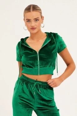 Green Velour Short Sleeve Zip Lounge Hoodie -FabWear Shop oj12900 f3 forest 3