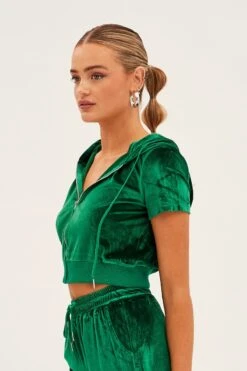 Green Velour Short Sleeve Zip Lounge Hoodie -FabWear Shop oj12900 f3 forest 4