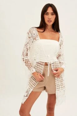 White Crochet Cardigan Long Sleeve Relaxed