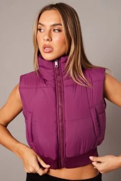 Purple Short Puffer Jacket Sleeveless With Pockets 8 Purple Short Puffer Jacket Sleeveless With Pockets -FabWear Shop oj1373 33w plum 3
