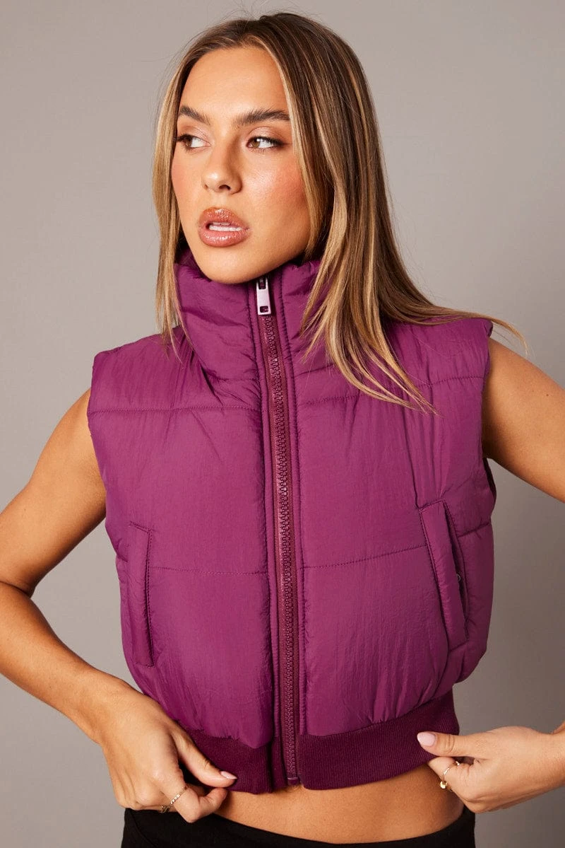 Purple Short Puffer Jacket Sleeveless With Pockets 3 Purple Short Puffer Jacket Sleeveless With Pockets - Image 3