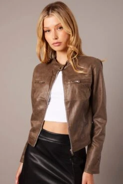 Brown Jacket Long Sleeve Crop Faux Leather -FabWear Shop oj1431 33wb chocolate 3