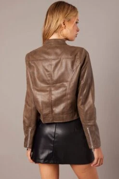 Brown Jacket Long Sleeve Crop Faux Leather -FabWear Shop oj1431 33wb chocolate 5