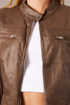 Brown Jacket Long Sleeve Crop Faux Leather -FabWear Shop oj1431 33wb chocolate 6