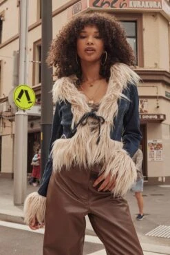 Denim Jacket Long Sleeve Faux Fur Tie Front Washed Denim