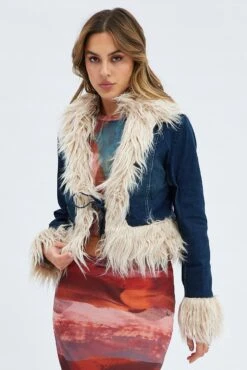 Denim Jacket Long Sleeve Faux Fur Tie Front Washed Denim 10 Denim Jacket Long Sleeve Faux Fur Tie Front Washed Denim -FabWear Shop oj1458 84w mid wash 4