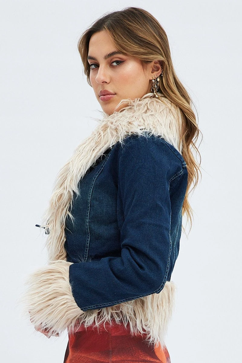 Denim Jacket Long Sleeve Faux Fur Tie Front Washed Denim 5 Denim Jacket Long Sleeve Faux Fur Tie Front Washed Denim - Image 5
