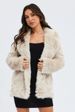 Camel Jacket Long Sleeves Collared Faux Fur 8 Camel Jacket Long Sleeves Collared Faux Fur -FabWear Shop oj1460 33w beige 3