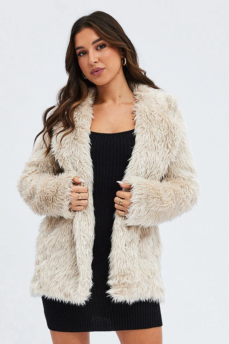 Camel Jacket Long Sleeves Collared Faux Fur 3 Camel Jacket Long Sleeves Collared Faux Fur - Image 3