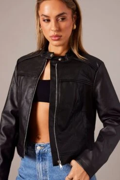 Black Jacket Long Sleeve Zip Faux Leather -FabWear Shop oj1485 66wb black 3