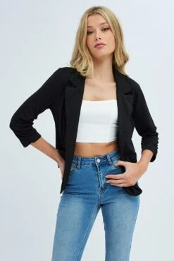 Black Blazer Jacket 3/4 Sleeve Lapel Single Breasted