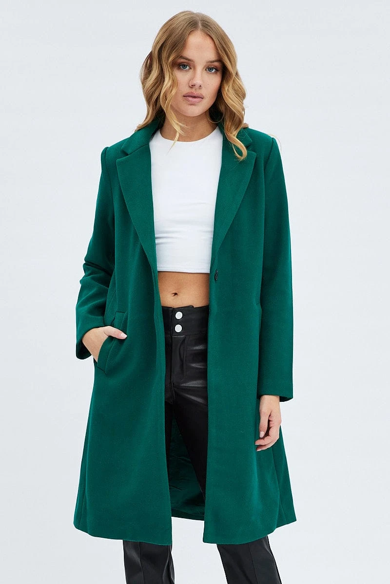 Green One Button Coat Knee Length 1 Green One Button Coat Knee Length