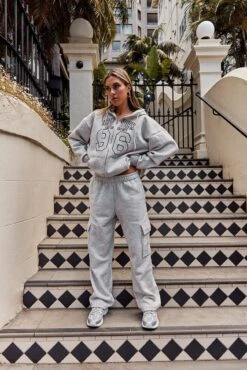 Grey Hoodie Zip Long Sleeve New York Embroidery