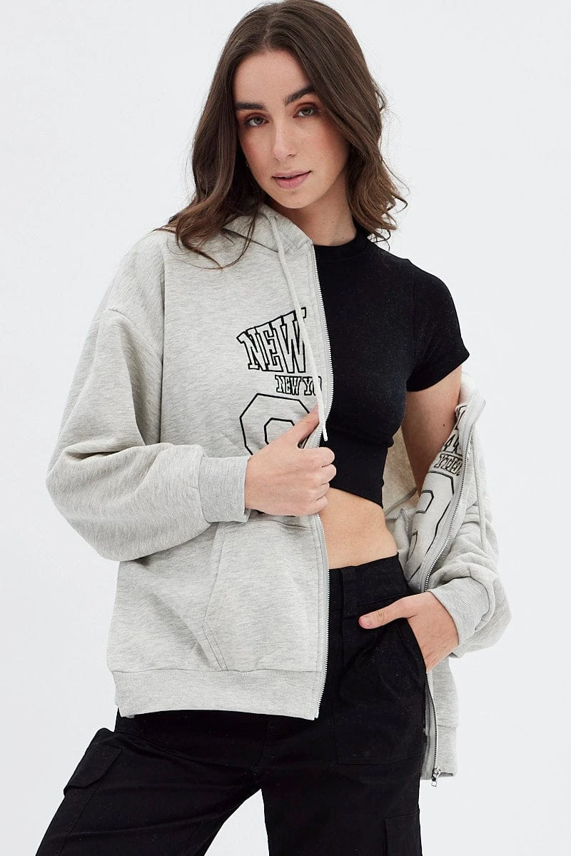 Grey Hoodie Zip Long Sleeve New York Embroidery 2 Grey Hoodie Zip Long Sleeve New York Embroidery - Image 2