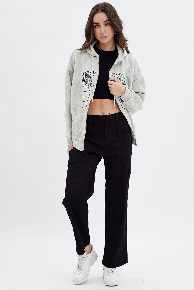 Grey Hoodie Zip Long Sleeve New York Embroidery 3 Grey Hoodie Zip Long Sleeve New York Embroidery - Image 3