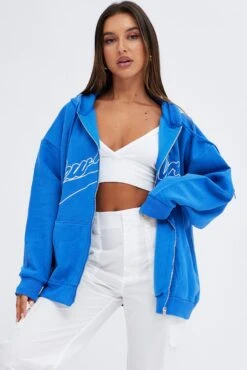 Blue Hoodie Zip Long Sleeve New York Embroidery