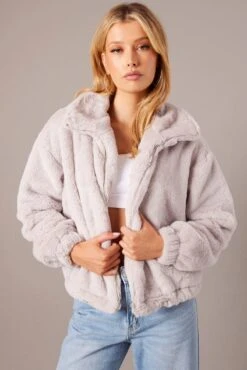 Grey Jacket Long Sleeve Faux Fur -FabWear Shop oj1861 33wb grey 3