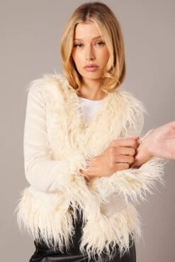 Beige Faux Fur Jacket Long Sleeves -FabWear Shop oj5021 33w beige 3