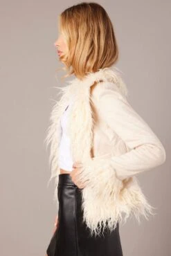 Beige Faux Fur Jacket Long Sleeves -FabWear Shop oj5021 33w beige 4