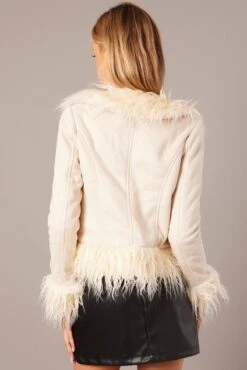 Beige Faux Fur Jacket Long Sleeves -FabWear Shop oj5021 33w beige 5