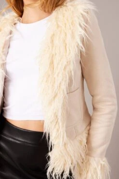 Beige Faux Fur Jacket Long Sleeves -FabWear Shop oj5021 33w beige 6