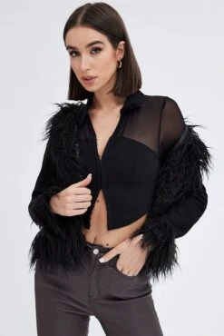 Black Faux Fur Jacket Long Sleeves