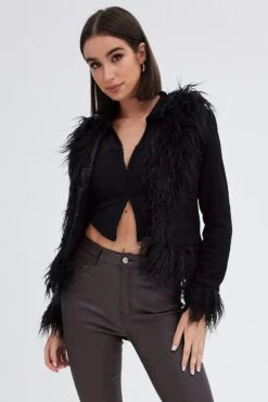 Black Faux Fur Jacket Long Sleeves -FabWear Shop oj5021 33w black 3
