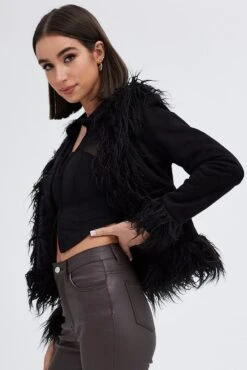 Black Faux Fur Jacket Long Sleeves -FabWear Shop oj5021 33w black 4