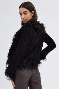 Black Faux Fur Jacket Long Sleeves -FabWear Shop oj5021 33w black 5