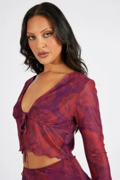 Red Floral Tie Up Cardigan Long Sleeve