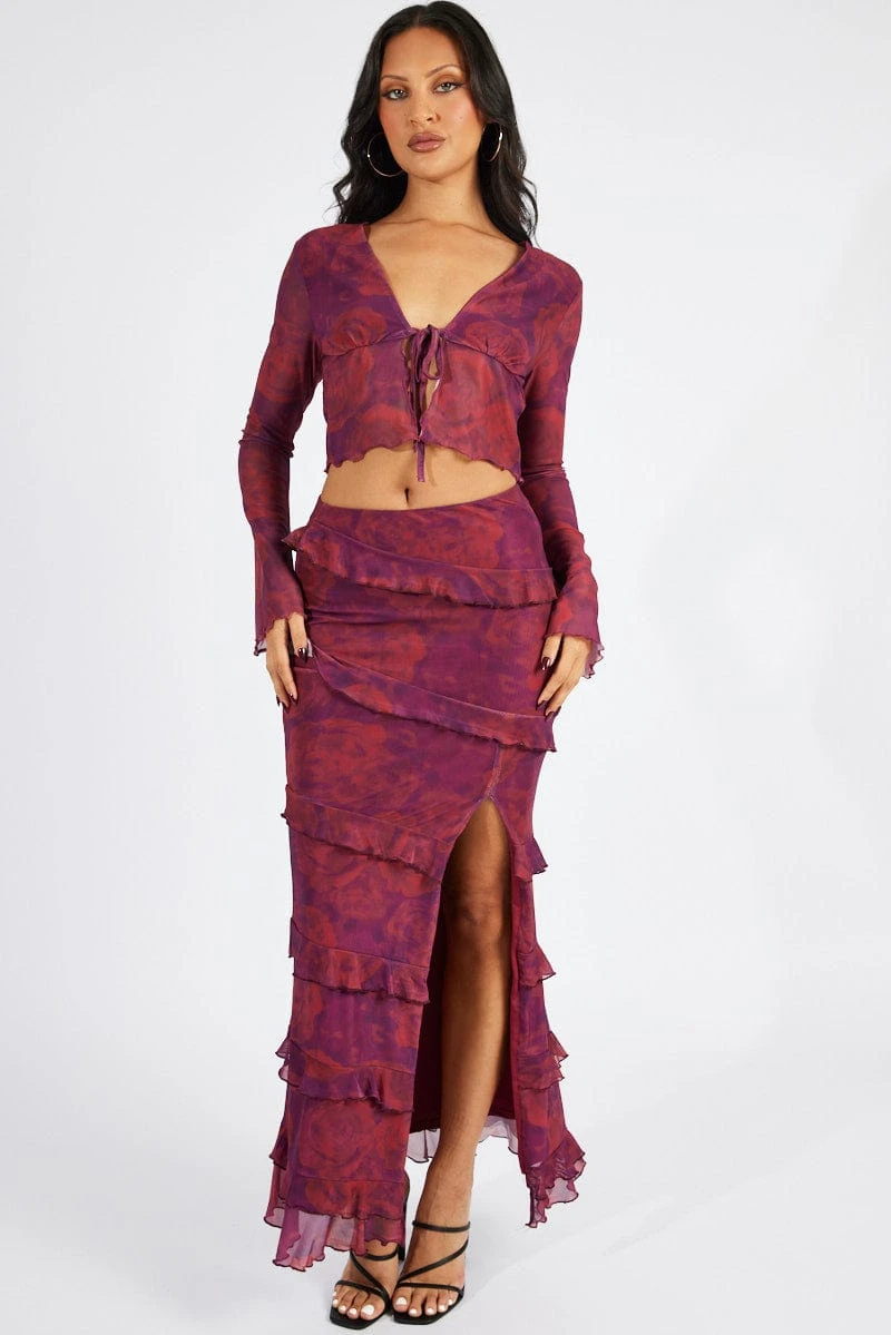 Red Floral Tie Up Cardigan Long Sleeve 2 Red Floral Tie Up Cardigan Long Sleeve - Image 2