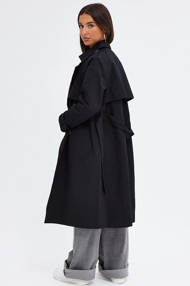 Black Trench Coat Long Sleeves Cotton 5 Black Trench Coat Long Sleeves Cotton - Image 5