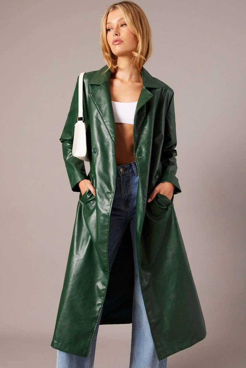 Green Trench Coat Long Sleeves Faux Leather 1 Green Trench Coat Long Sleeves Faux Leather