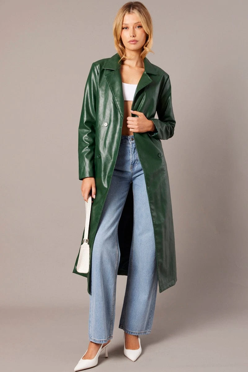 Green Trench Coat Long Sleeves Faux Leather 2 Green Trench Coat Long Sleeves Faux Leather - Image 2