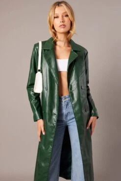 Green Trench Coat Long Sleeves Faux Leather 8 Green Trench Coat Long Sleeves Faux Leather -FabWear Shop oj8013 66mb forest 3