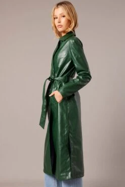 Green Trench Coat Long Sleeves Faux Leather 9 Green Trench Coat Long Sleeves Faux Leather -FabWear Shop oj8013 66mb forest 4