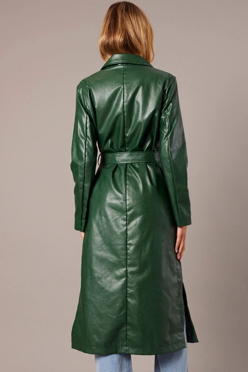 Green Trench Coat Long Sleeves Faux Leather 5 Green Trench Coat Long Sleeves Faux Leather - Image 5