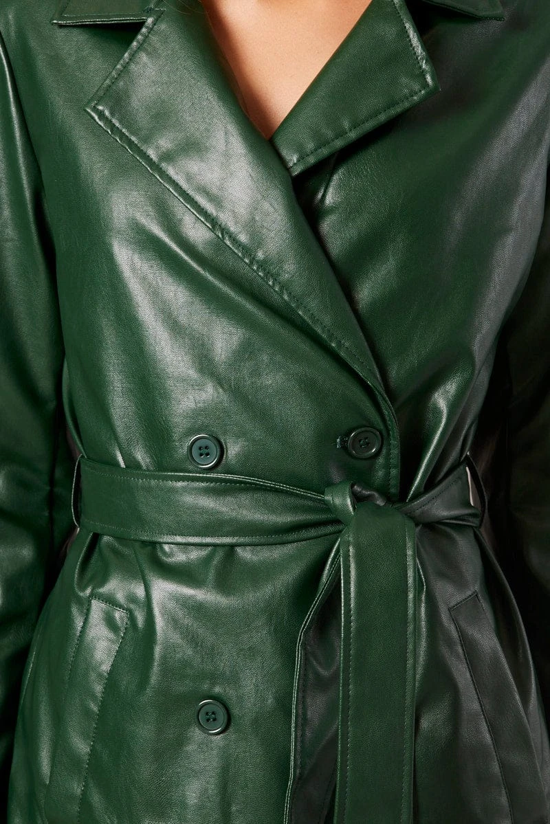 Green Trench Coat Long Sleeves Faux Leather 6 Green Trench Coat Long Sleeves Faux Leather - Image 6