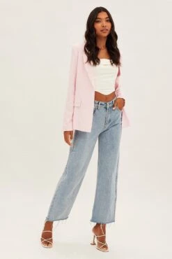 Pink Blazer Long Sleeve Single Breasted Linen Cotton