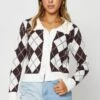Check Knit Cardigan Long Sleeve Collared