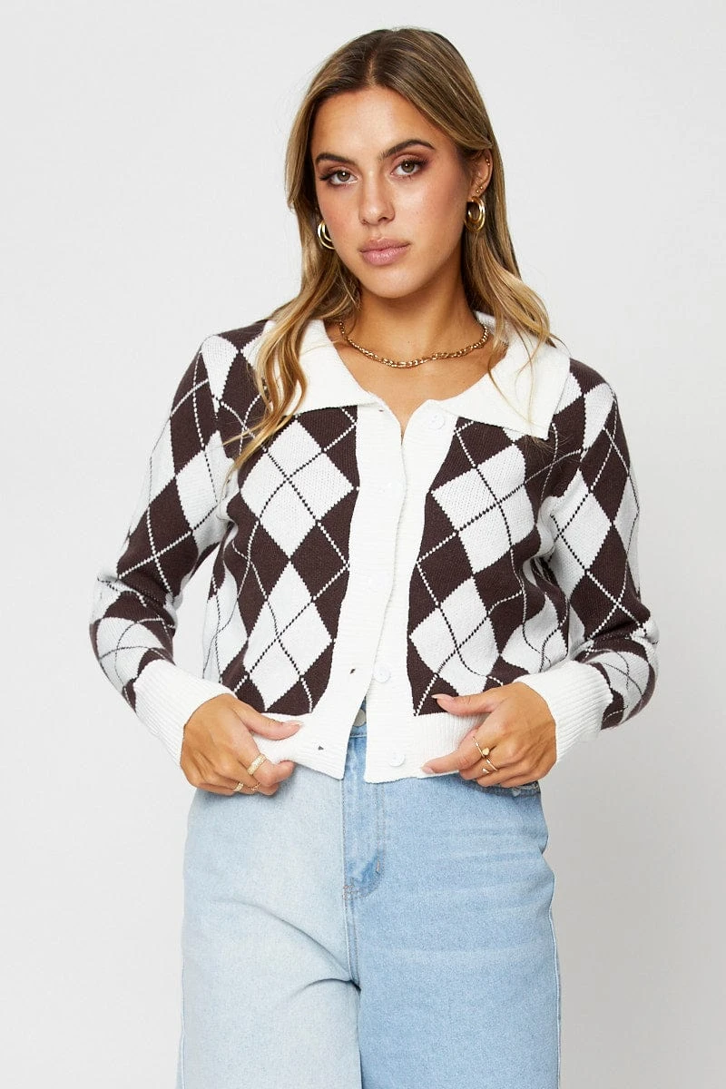 Check Knit Cardigan Long Sleeve Collared 3 Check Knit Cardigan Long Sleeve Collared - Image 3